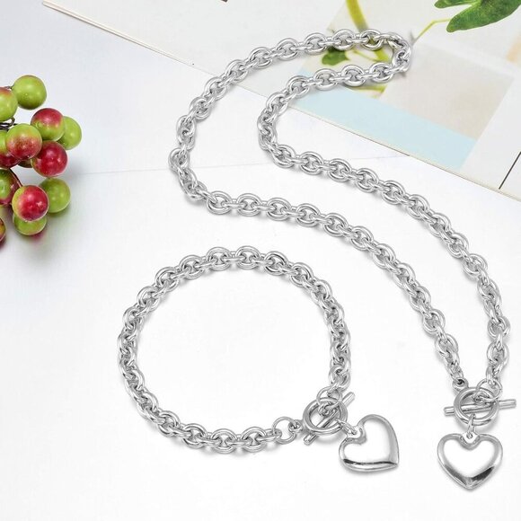 Heart Chain Necklace + Heart Bracelet for Women Girls Hearts Pendant Toggle Char - Picture 7 of 7